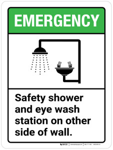 Emergency: Safety Shower and Eye Wash Station on Other Side of Wall ANSI Portrait - Wall Sign