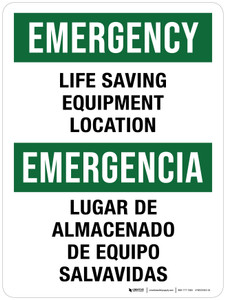 Emergency: Life Saving Equipent Location Bilingual Portrait - Wall Sign