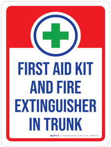 First Aid Kit And Fire Extinguisher In Trunk Portrait - Wall Sign