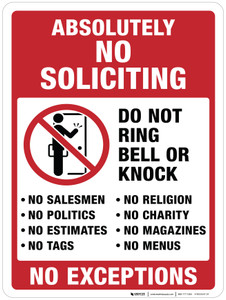Absolutely No Soliciting, Do Not Ring Bell or Knock - Wall Sign