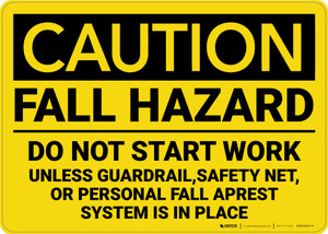 Caution: Fall Hazard Do Not Start Work Unless Protection is in Place - Wall Sign
