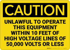 Caution: High Voltage Lines of 50,000 Volts Unlawful to Operate Equipment - Wall Sign