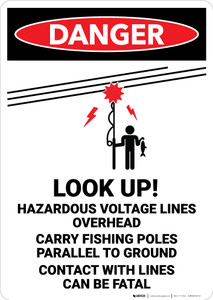 Danger: Look Up Hazardous Voltage Lines Overhead Fishing Pole With Icon - Wall Sign