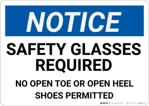 Notice: Safety Glasses Required No Open Toe Or Open Heel Shoes - Wall Sign