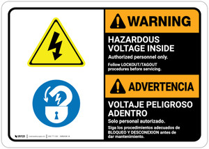 Warning: Hazardous Voltage Follow Lockout Procedures Bilingual Spanish - Wall Sign Warning: Hazardous Voltage Follow Lockout Procedures Bilingual Spanish - Wall Sign