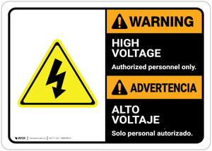 Warning: High Voltage Authorized Personnel Only Bilingual Spanish - Wall Sign