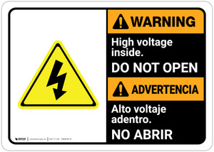 Warning: High Voltage Inside Do Not Open Bilingual Spanish - Wall Sign