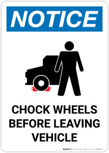 Notice: Chock Wheels Before Leaving Vehicle Portrait with Icon - Wall Sign