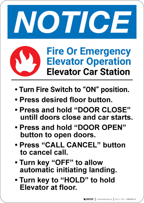 Notice: Fire Or Emergency Elevator Operation - Wall Sign