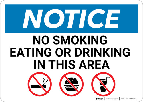 Notice: No Smoking Eating Or Drinking In This Area with Icons - Wall Sign