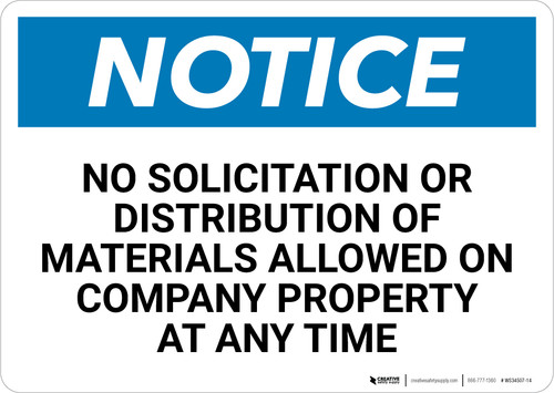 Notice: No Solicitation Or Distribution Of Materials Allowed - Wall Sign
