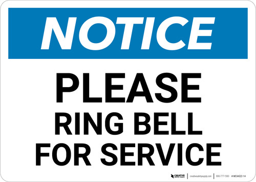 Notice: Please Ring Bell For Service - Wall Sign