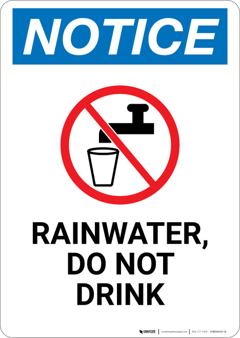 Notice: Rainwater Do Not Drink Portrait with Icon - Wall Sign
