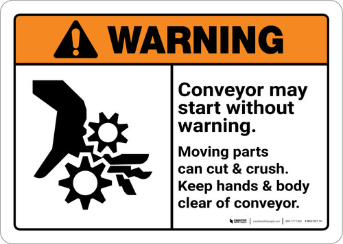 Warning: Conveyor May Start Without Warning with Graphic Landscape ANSI - Wall Sign