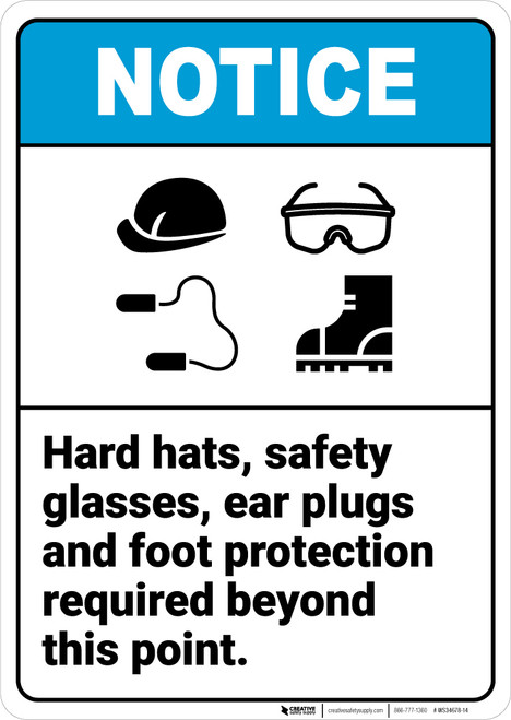 Notice: Hard Hats Safety Glasses Ear Plugs Foot Protection Required Icons Portrait ANSI - Wall Sign