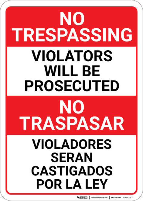 No Trespassing: Bilingual Spanish Violators Red-White & Black - Wall Sign
