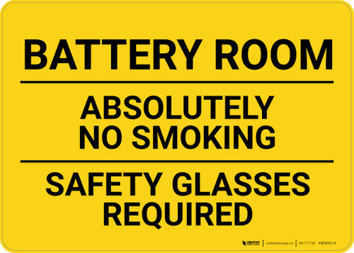 Battery Room No Smoking Safety Glasses Required Landscape - Wall Sign