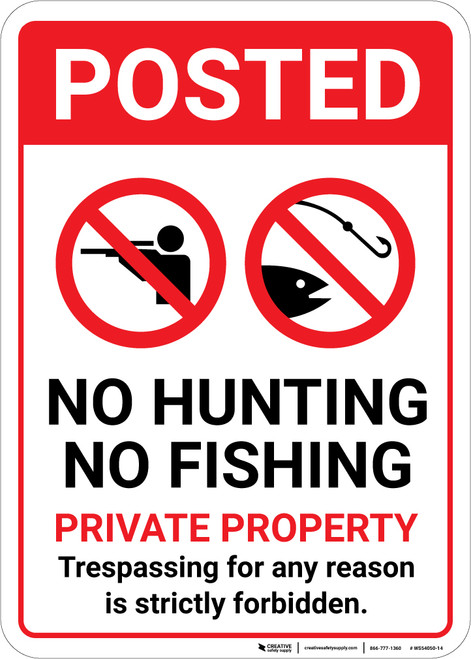 Posted No Hunting No Fishing Private Property with Icons Portrait - Wall Sign