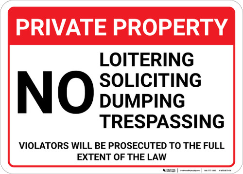 Private Property No Loitering Soliciting Dumping Trespassing Landscape - Wall Sign