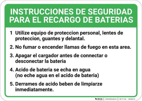 Battery Charging Safety Checklist: Five Item Numbered Checklist Spanish Landscape - Wall Sign