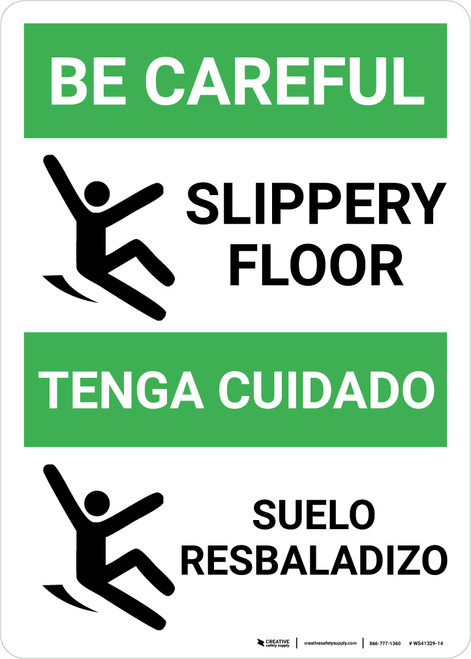 Be Careful Slippery Floor Bilingual Spanish with Icon Portrait - Wall Sign