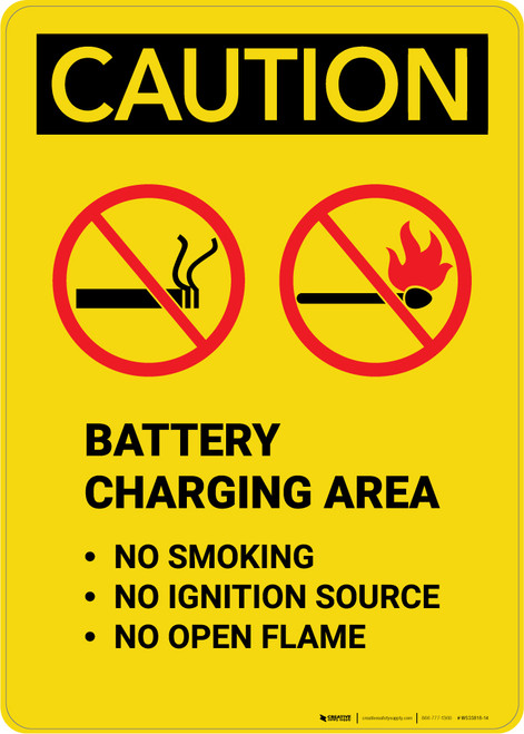 Caution: Battery Charging Area Forklift No Smoking Open Flame - Portrait Wall Sign