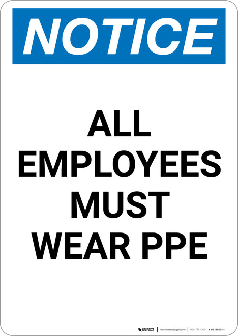 Notice: All Employees Must Wear PPE - Portrait Wall Sign