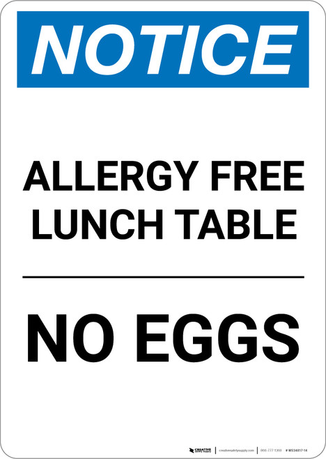 Notice: Allergy Free Lunch Table No Eggs - Portrait Wall Sign