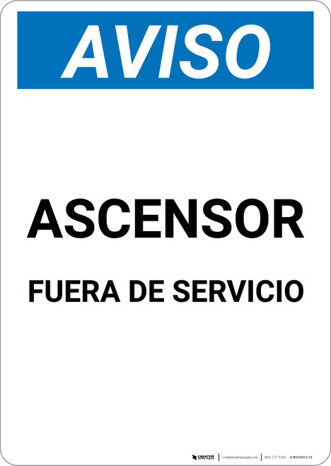 Notice: Elevator Out Of Order Spanish - Portrait Wall Sign