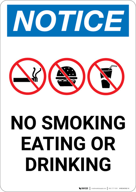 Notice: No Smoking Eating Or Drinking with Icons - Portrait Wall Sign