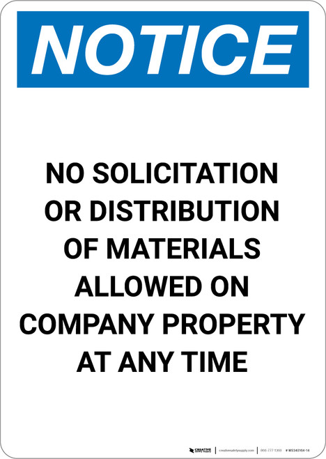 Notice: No Solicitation Or Distribution Of Materials On Company Property - Portrait Wall Sign