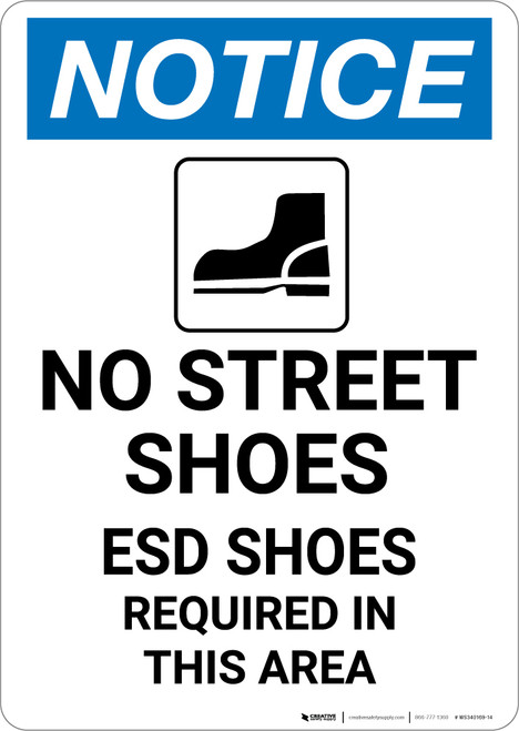 Notice: No Street Shoes ESD Shoes Required with Icon - Portrait Wall Sign