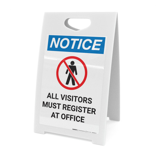 Notice: All Visitors Must Register At Office With Icon - A-Frame Sign