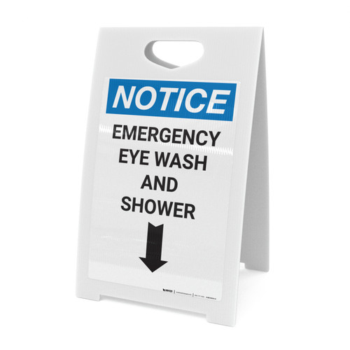 Notice: Emergency Eye Wash Station and Shower with Arrow Down Icon - A-Frame Sign