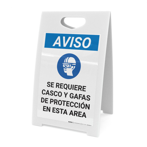 Notice: Spanish Helmet And Goggles Required In Area with Icon - A-Frame Sign