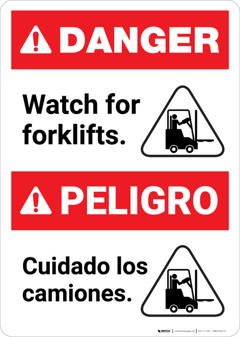 Bilingual Watch for Forklifts Spanish - Portrait Wall Sign