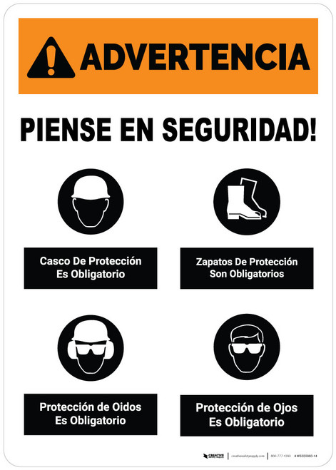 Warning: Think Safety PPE Must Be Worn Spanish Portrait