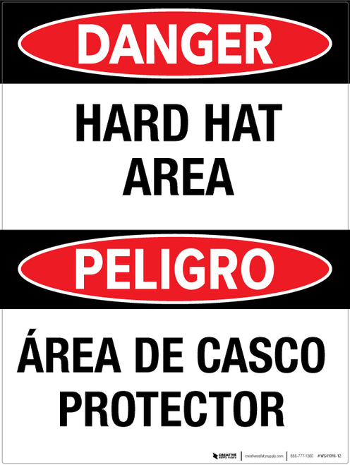 Danger: Hard Hat Area - Bilingual Wall Sign