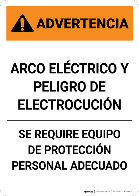 Warning: Arc Flash Shock Hazard - PPE Required Spanish - Portrait Wall Sign
