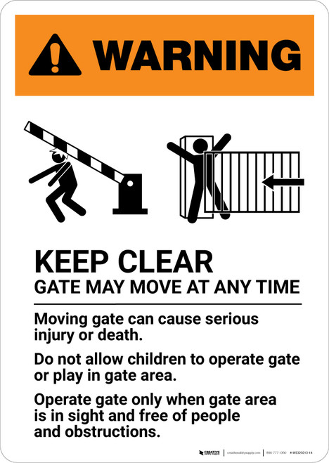 Warning: Keep Clear - Gate May Move At Any Time with Icons - Portrait Wall Sign
