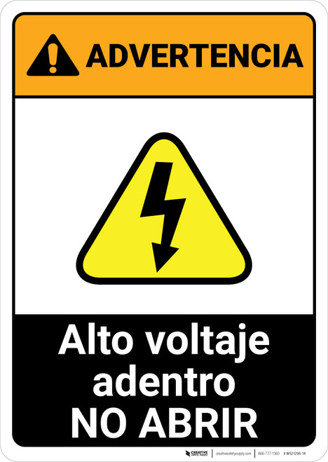 Warning: High Voltage Inside - Do Not Open Spanish ANSI - Portrait Wall Sign