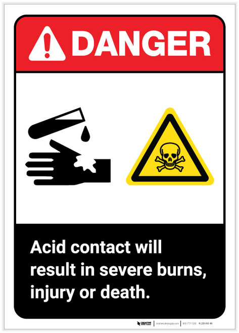 Danger: Acid Contact Will Result in Severe Burns ANSI Portrait - Label