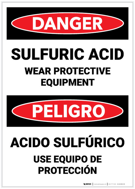 Danger: Sulfuric Acid - Wear Protective Equipment Bilingual Spanish - Label