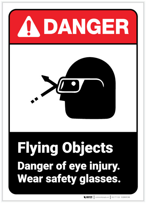 Danger: Flying Objects Wear Safety Glasses Portrait ANSI - Label