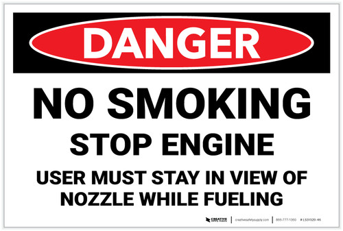 Danger: No Smoking/Stop Engine - User Must Stay in View of Nozzle While Fueling - Label