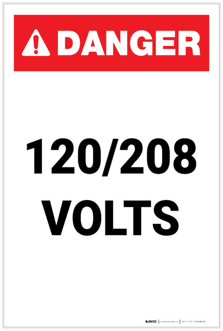 Danger: 120-208 Volts Portrait - Label