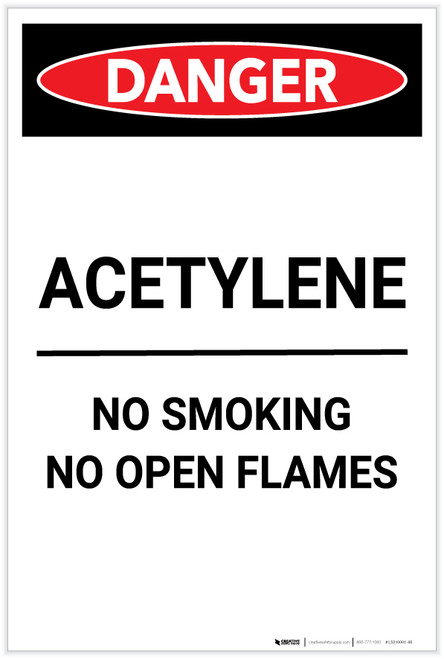 Danger: Acetylene No Smoking No Open Flames Portrait - Label