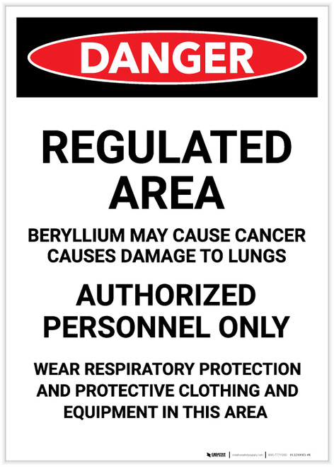 Danger: Beryllium Cancer Regulated Area Portrait - Label