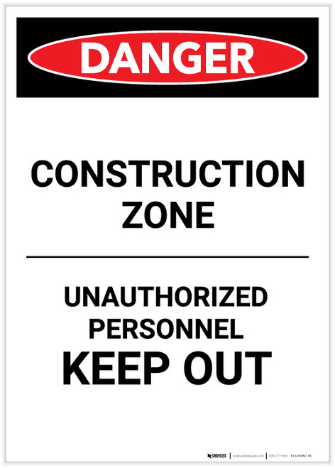 Danger: Construction Zone Authorized Personnel Portrait - Label