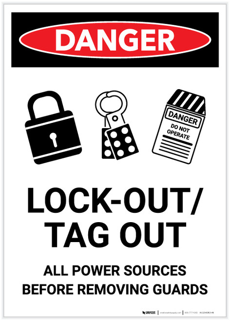 Danger: Lock Out Power Before Removing Guards Portrait - Label